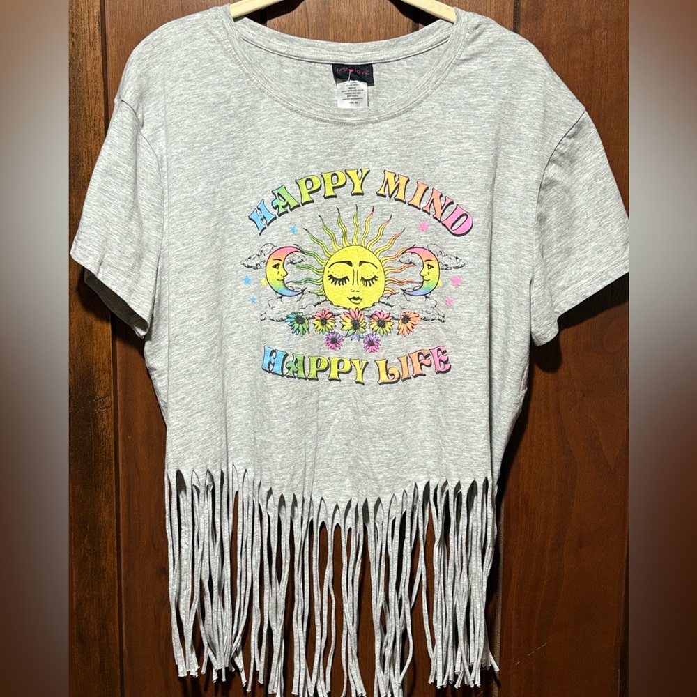 First Love Fringe T-Shirt - Gray with Colorful Design